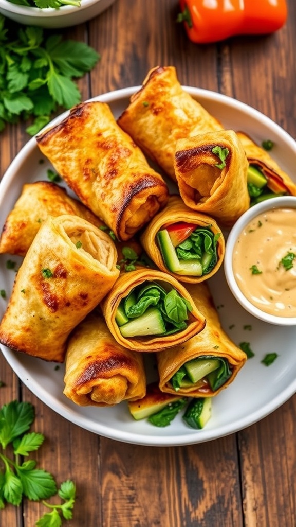 Air fryer chicken roll-ups filled with vegetables, served on a plate with dipping sauce.